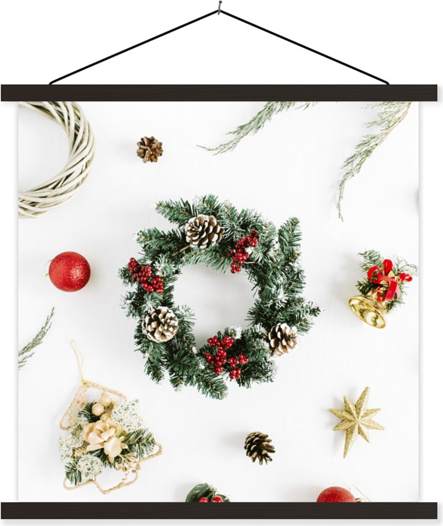 MuchoWow Textilposter Winter - Weihnachten - Kranz 90x90 cm mit schwarzem Rahmen - Magnetisches