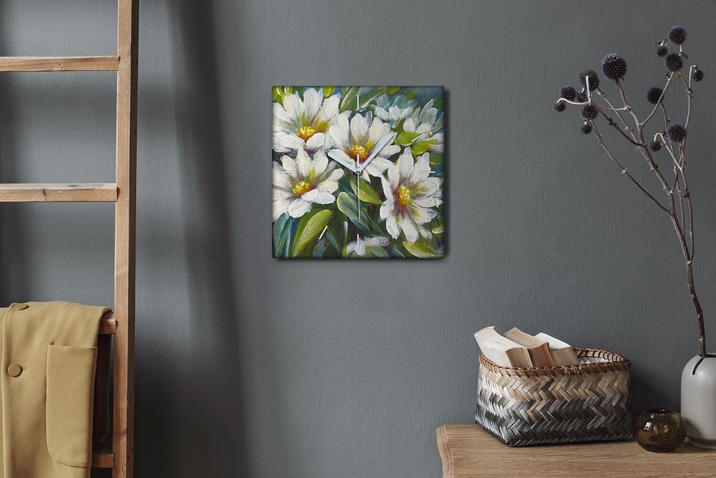Coloray Hodiny Unikátní 30x30 cm Tiché hodiny Pro obývací pokoj a kuchyň Nástěnné hodiny Plátno Bílé ručičky hodin - Sázet květiny