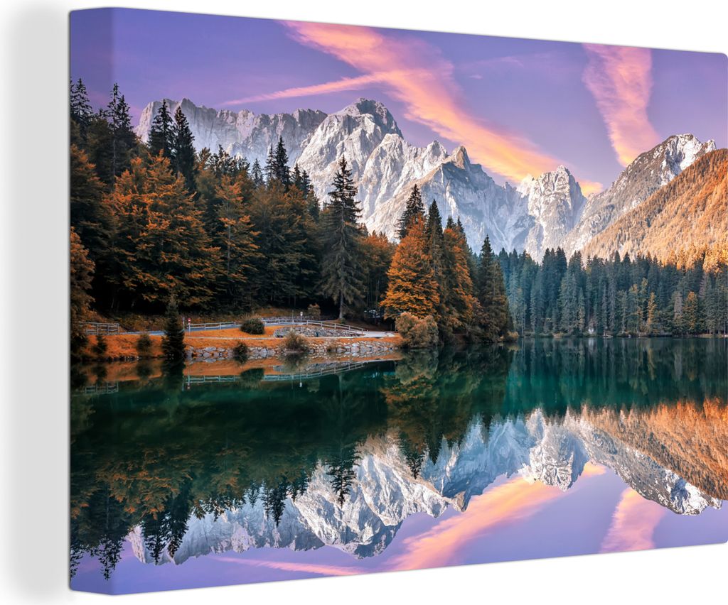 OneMillionCanvasses - Leinwandbilder - 150x100 cm, Berg - Wald - Wasser - Himmel - Rosa - Lila, Wandbilder Kunstdruck Wanddekoration - Foto auf L...
