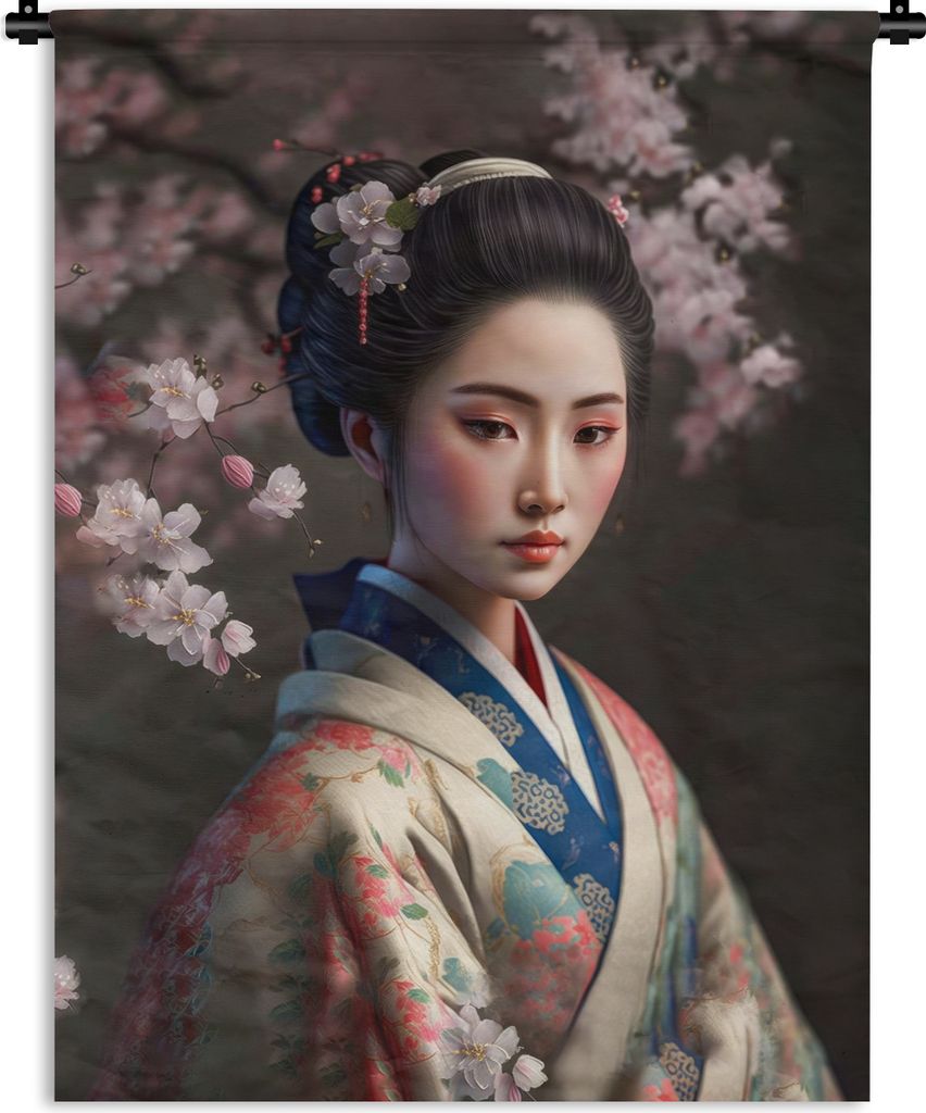 MuchoWow Wandteppich Wandbehang Frau - Sakura - Kimono - Asiatisch - Porträt 150x200 cm Tapisserie Dekoration Wandtuch - Wandaufhängung - Moderner