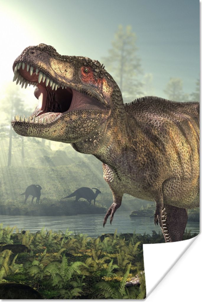 MuchoWow Poster Dino - Gras - Zeichnung - Kinder - Jungen 40x60 cm - Plakate für die Wand - Poster Babyzimmer
