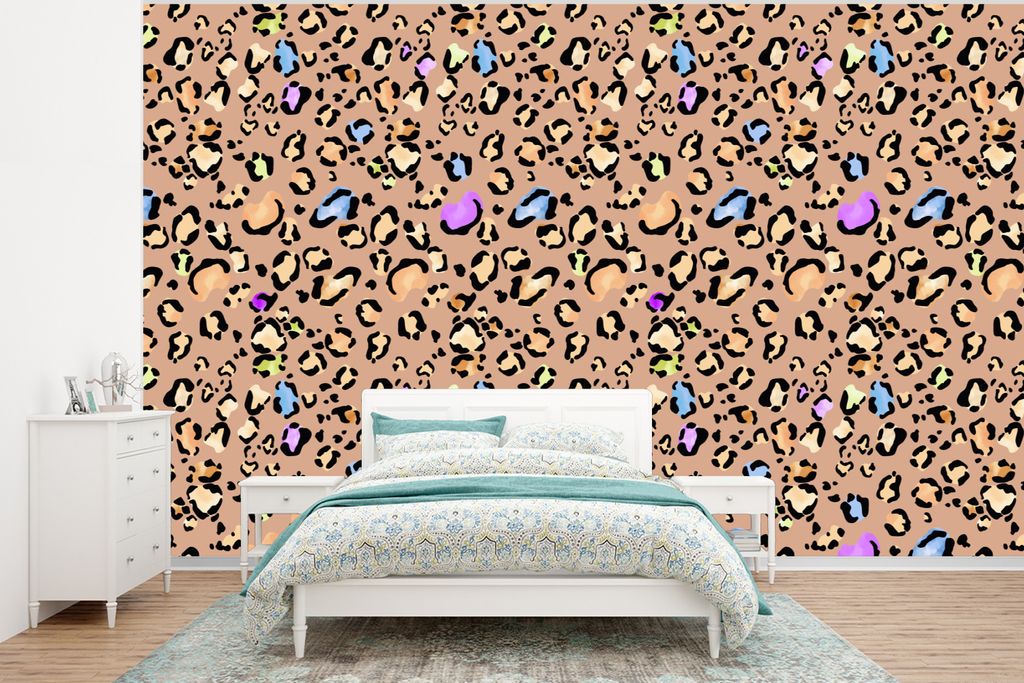 MuchoWow Fototapete für Wohnzimmer oder Schlafzimmer Wandtapete Vinyl Motivtapete Pantherdruck - Regenbogen - Muster - 375x280 cm - Schlafzimmer...