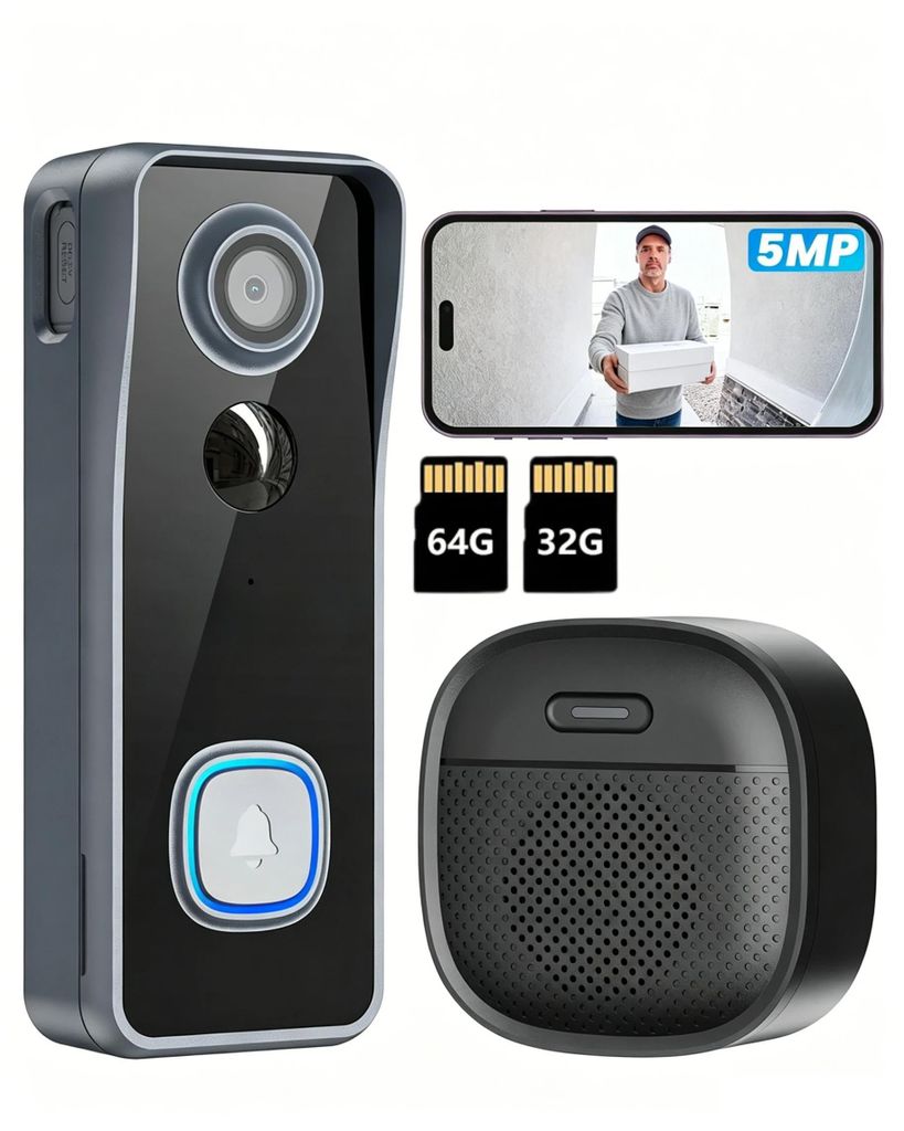 5MP WLAN Video Türklingel mit Kamera 2,5K HD-Funkklingel mit Kamera Alexa Nachtsicht PIR Bewegungserkennung 2-Way Audio mit Chime mit 32G 64GB Karte