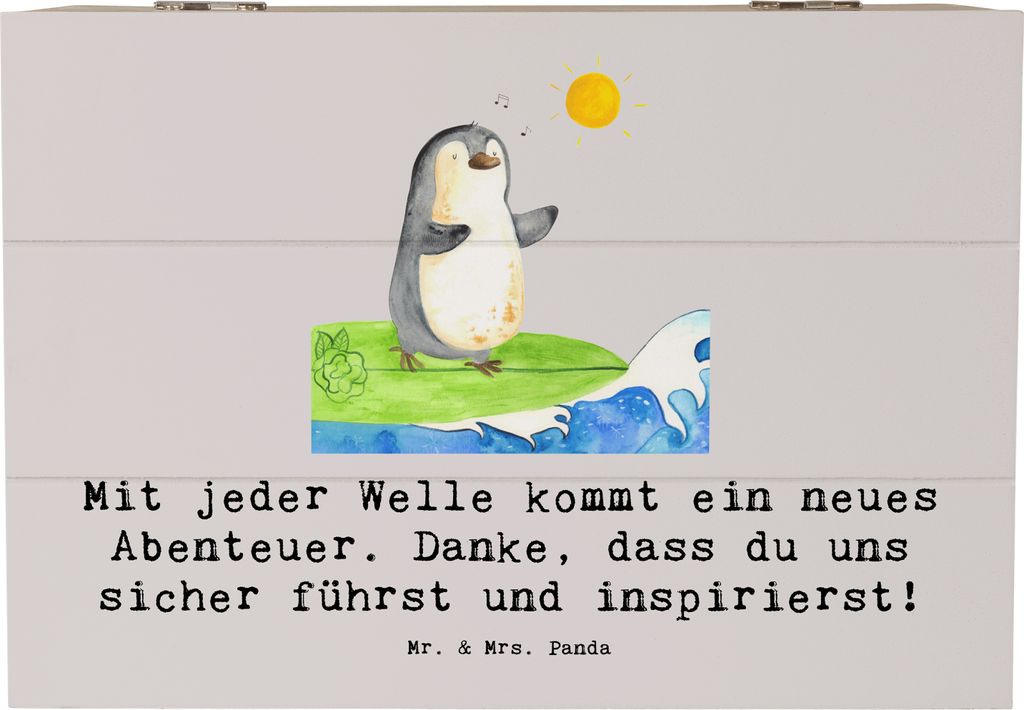 Mr. & Mrs. Panda Box Surfen Trainerin Abenteuer 22 x 15 cm - Grau Pastell - Geschenk, fotobox, aufbewahrungskiste mit deckel, Mut, Holzkiste, Kiste...