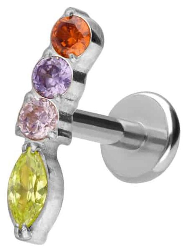 Ohrpiercing, Nasenpiercing Titan Labret mit Push Fit BUNTER KRISTALLBOGEN Silber Stablänge: 7mm | Stabstärke: 1,2mm