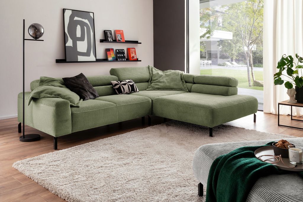 KAWOLA Sofa DELIA Ecksofa Cord olivgrün Recamiere rechts