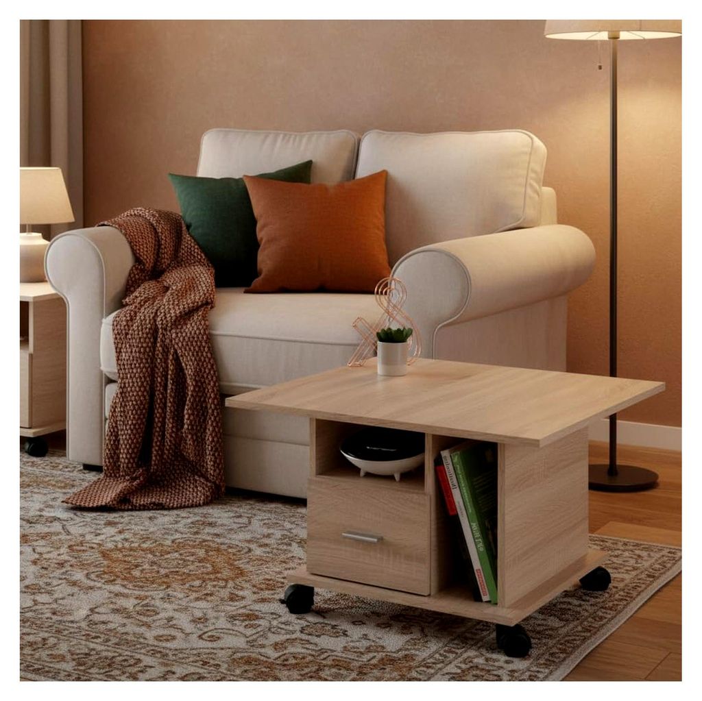Couchtisch auf Rollen in Eiche Sonoma Optik - Mobiler Sofatisch mit Schublade - 70 x 45 x 70 cm (B/H/T)