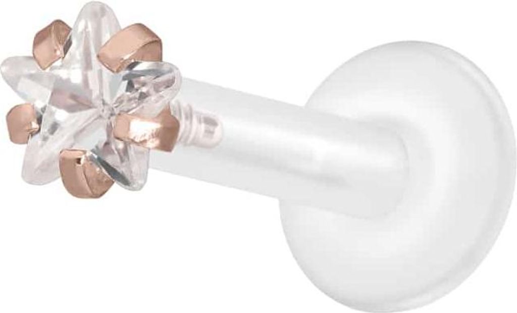 Ohrpiercing, Nasenpiercing PTFE Labret mit Innengewinde + Titan-Aufsatz EINGEFASSTER KRISTALLSTERN RoséGold Stablänge: 8mm | Stabstärke: 1,6mm