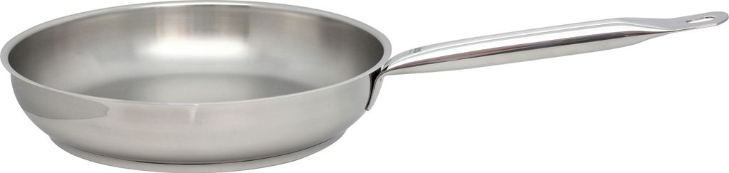 A stainless steel frying pan on a white background.