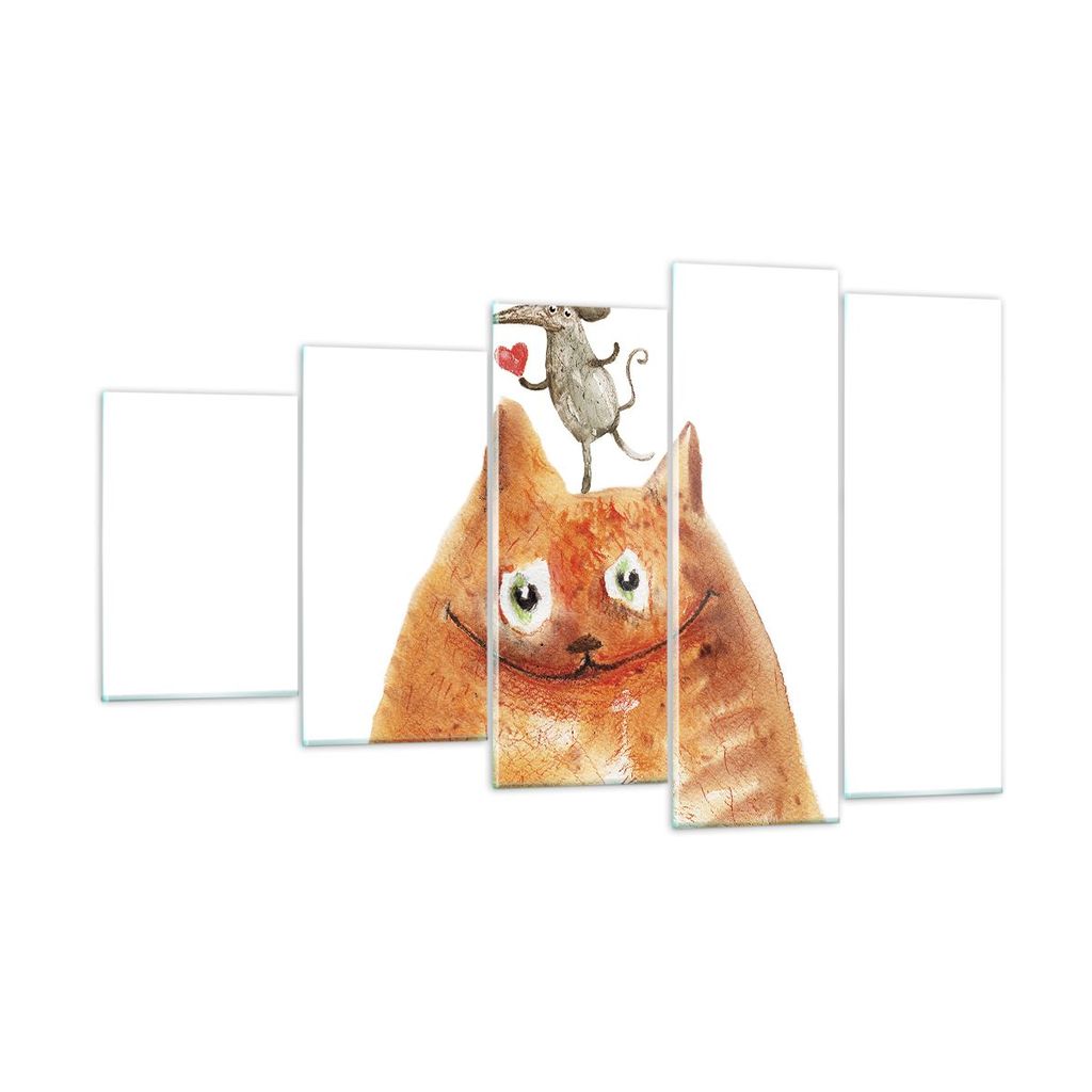 Bilder auf glas - 5 Teile - Katze Maus Kinder - 100x60cm - Glasbilder - Wandbilder - Bilder - zum Aufhängen bereit - Wanddekoration aus Glas - Gla...
