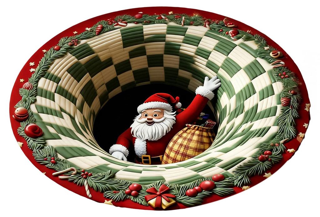 Weihnachtliche, gesteppte, runde Fußmatte mit Weihnachtsmann- und Wichtelmotiv, festlicher Teppich, rutschfeste Unterseite, Türvorleger, Wohnzimm...