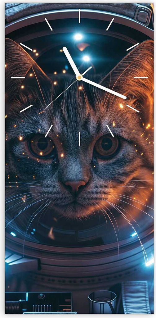 Wanduhr aus Glas mit Motiv Katze im Raumanzug- 30 x 60 cm - inkl. Aufhängesystem