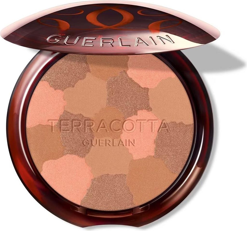 A close-up, studio shot of an open Guerlain Terracotta bronzer.