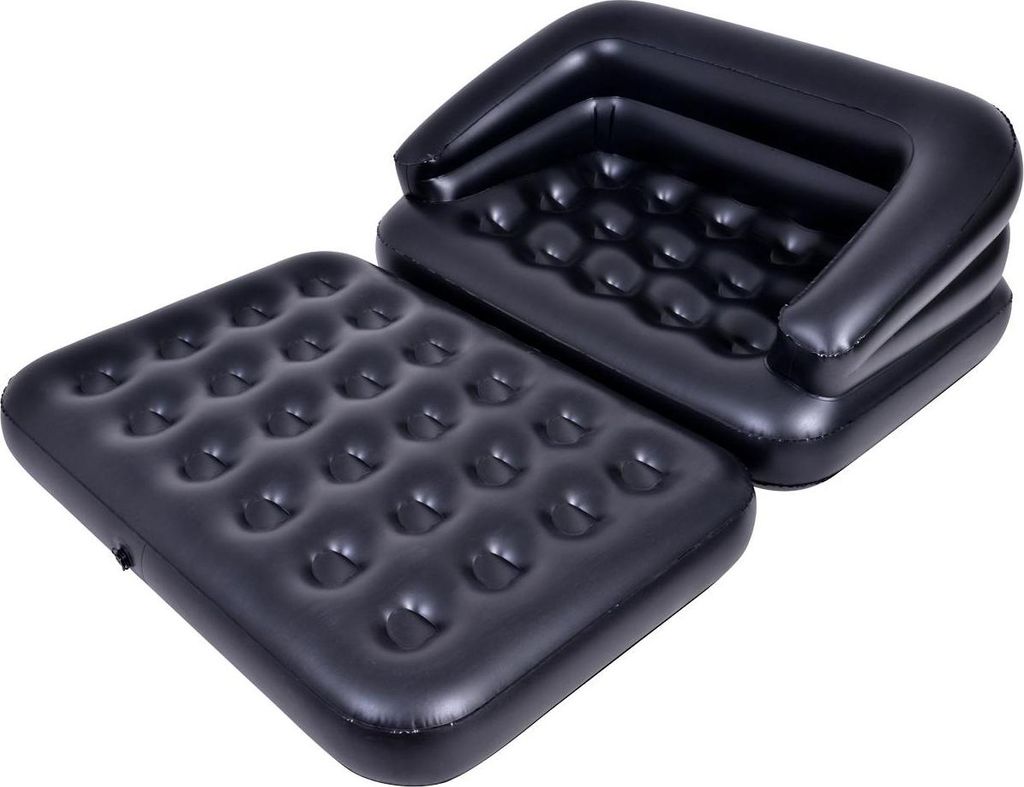 An inflatable sofa bed is shown in black, with the mattress section separated from the sofa section.