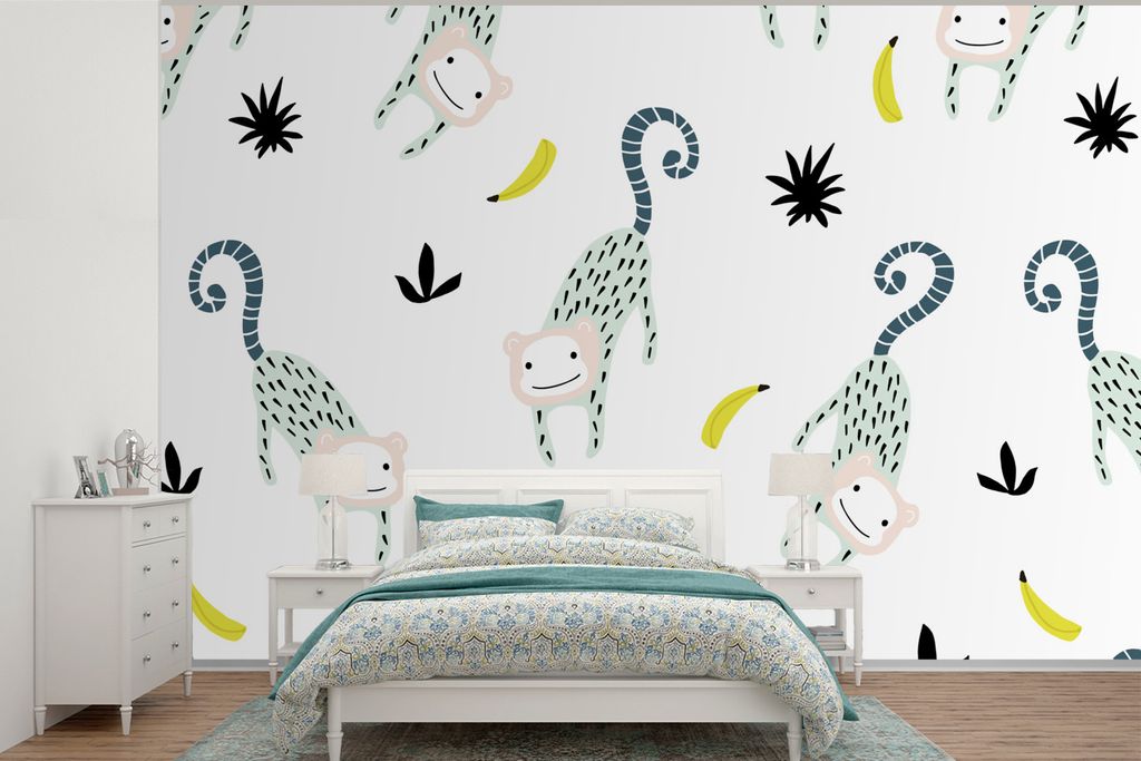 MuchoWow Fototapete für Wohnzimmer oder Schlafzimmer Wandtapete Vinyl Motivtapete Affen - Obst - Weiß - 450x300 cm - Gemusterte