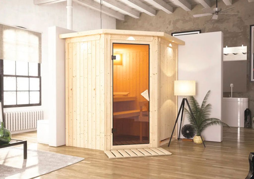 Elementsauna Karibu Maurin ohne Ofen mit Dachkranz und bronzierter Ganzglastüre