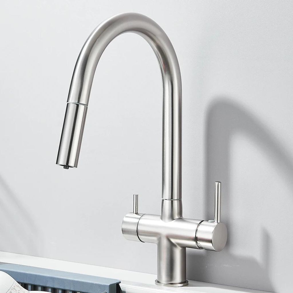 Küchenarmatur - Für gefiltertes Trinkwasser - Ausziehbrause - Zwei Griffe - Warm/Kalt - 360° schwenkbar - Einlochmontage - Gebürstetes Nickel, ...