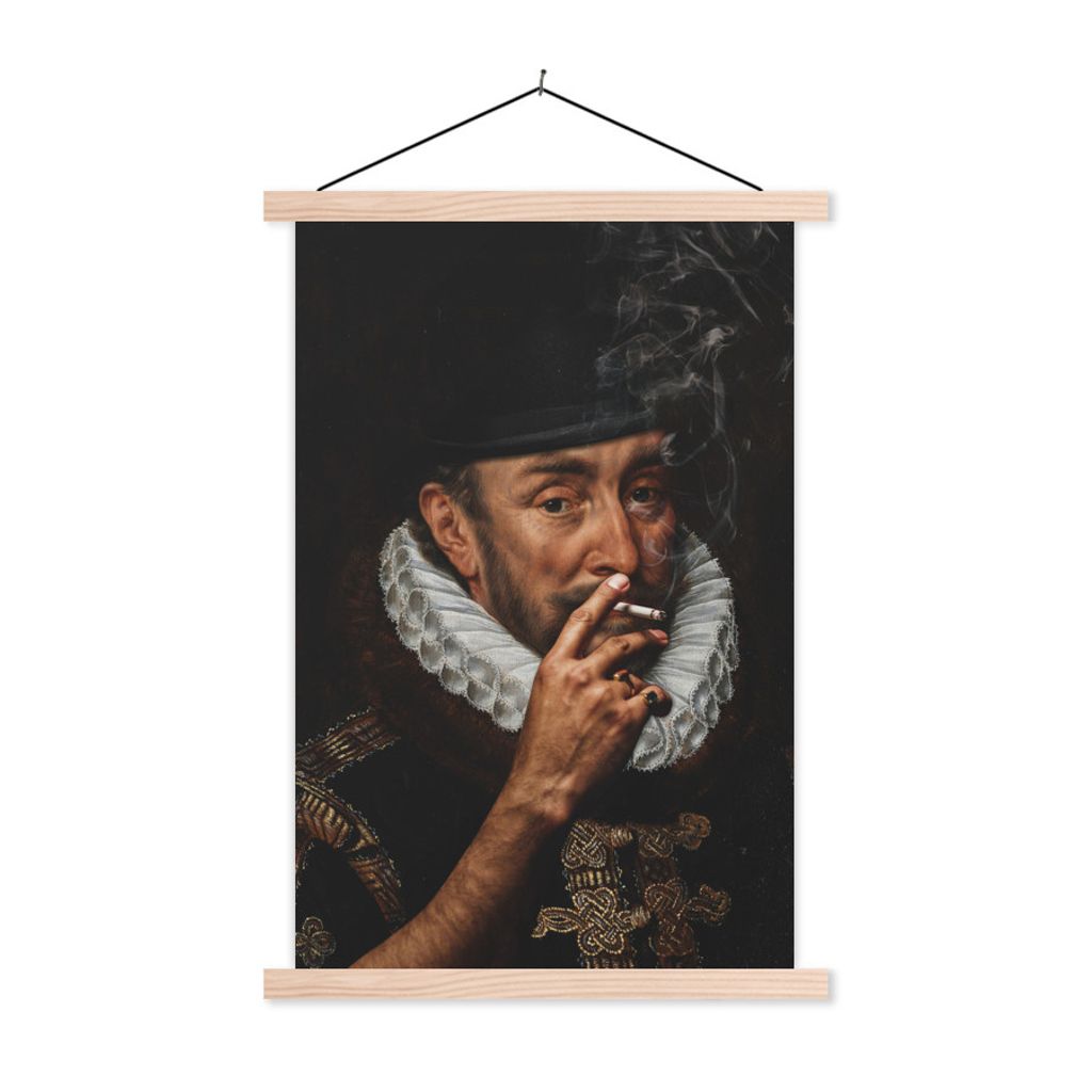 MuchoWow Textilposter Wilhelm von Oranien - Adriaen Thomasz - Zigaretten 120x180 cm mit holzfarbenen Rahmen - Textil-Plakat