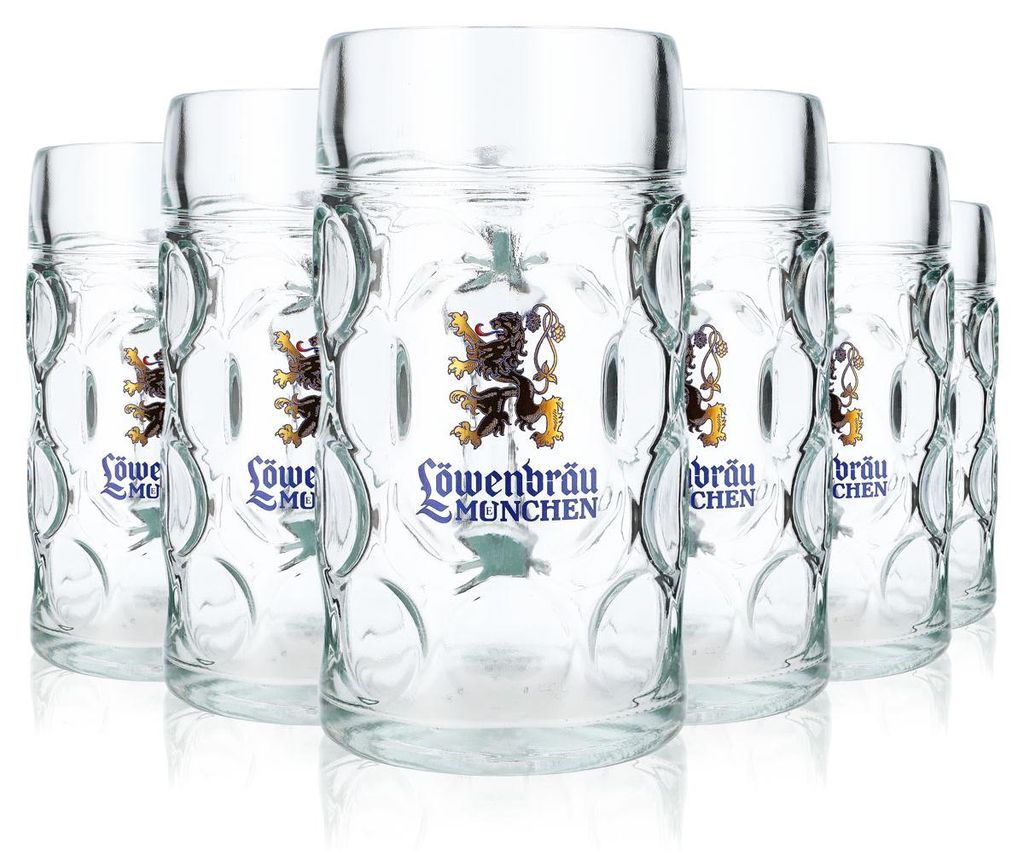 6x Löwenbräu Bierglas 1l Biergläser Maßkrug Bierseidel Krug Produktbild 