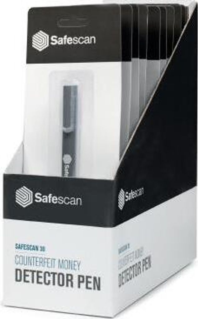A display box of Safescan 30 counterfeit money detector pens.