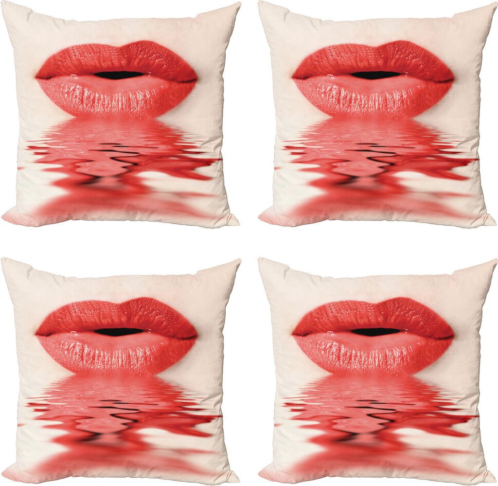 ABAKUHAUS Lippen Kissenbezug Set (4 Stück), Weiblich Blowing Küsse, Moderner Doppelseitiger Digitaldruck, 45 cm x 45 cm, Off White and Dark Coral