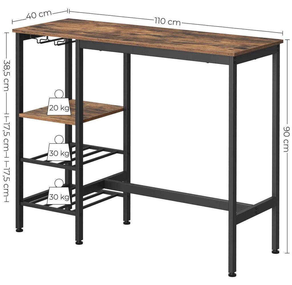 Bartisch - Hochtisch - 110x40x90 cm - Mit Halter für Weingläser & Flaschen - Für Wohnzimmer & Küche - Schokobraun