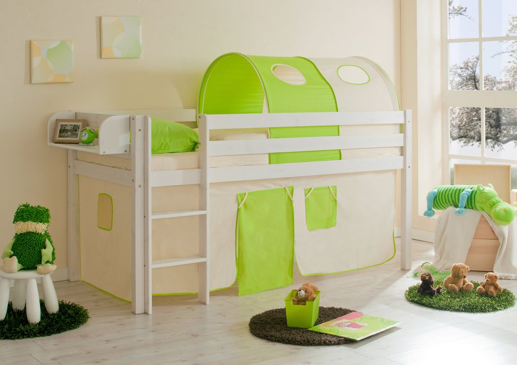 Hochbett Spielbett Malte Kiefer massiv Weiss, Vorhangstoff:Beige Grün