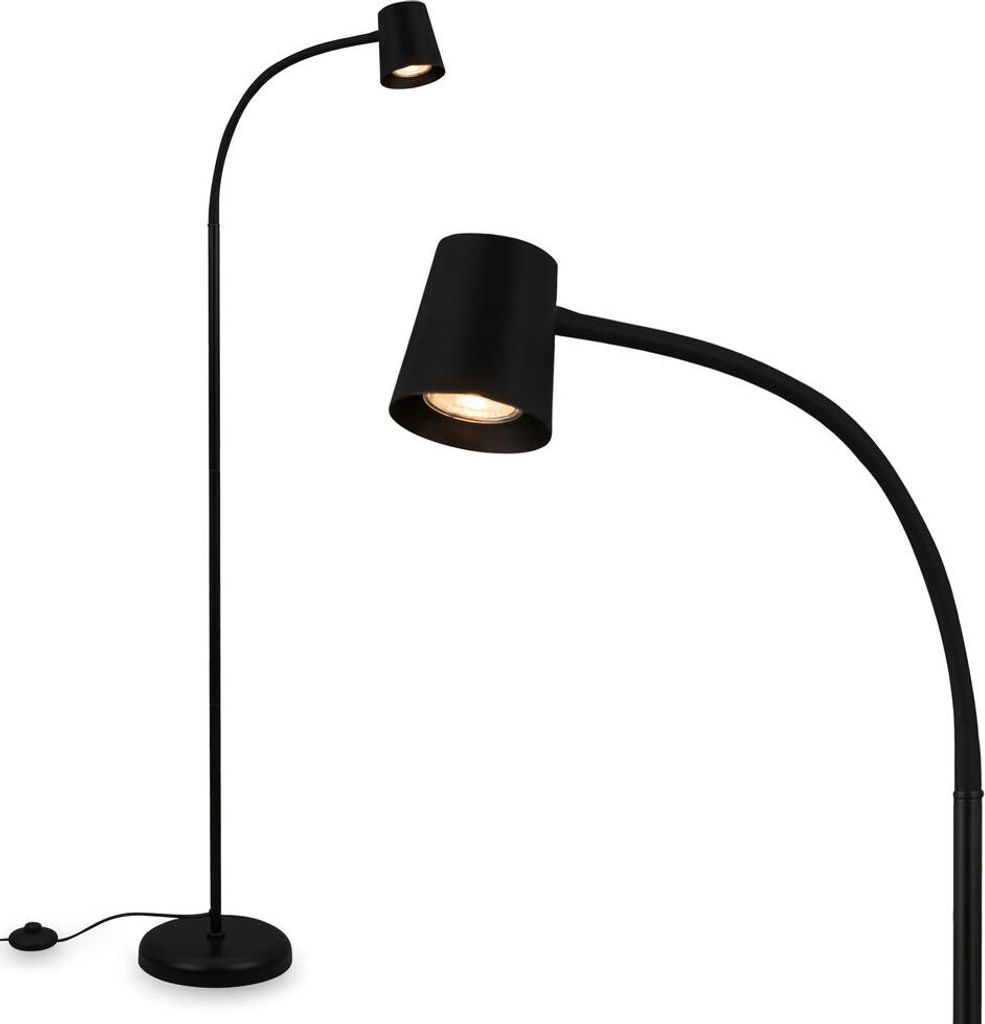 A black floor lamp with a flexible head is shown against a white background. A close-up of the lamp head is also visible.