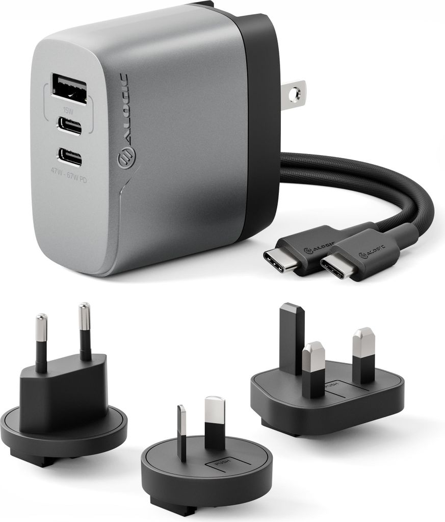 ALOGIC Rapid Power 3X67 - Netzteil - multi country - 67 Watt - 1.5 A - PD - 3 Ausgabeanschlussstellen (USB, 2 x USB-C)
