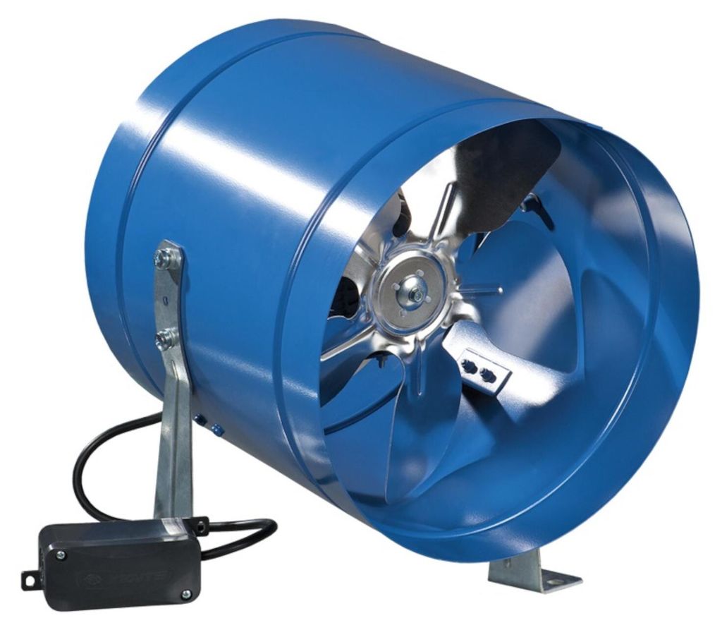 A blue inline duct fan with silver blades, mounted on metal brackets and connected to a black control box.