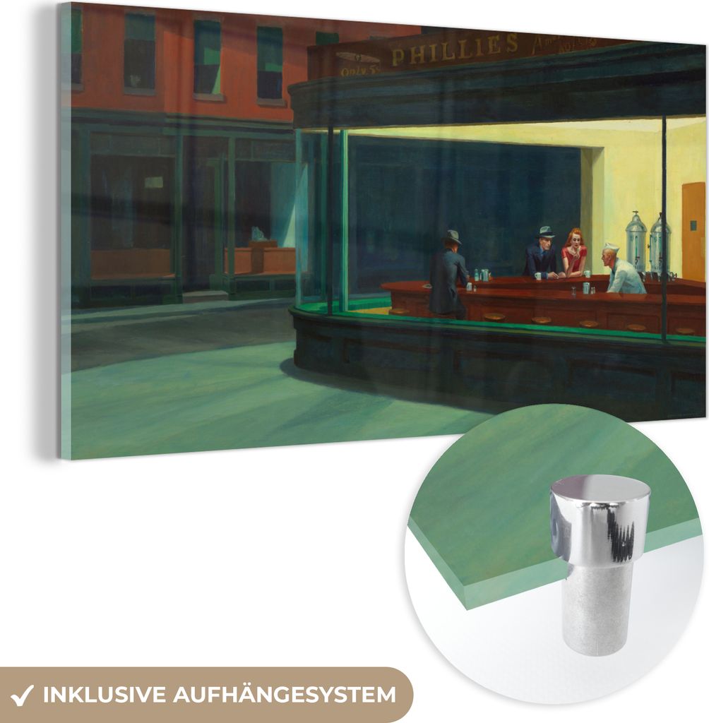 MuchoWow Glasbilder - Bilder auf Wandbild - Foto auf Glas Nighthawks - Edward Hopper 120x60 cm Wanddekoration aus Glas - Acrylglasbild - Acrylbilde...