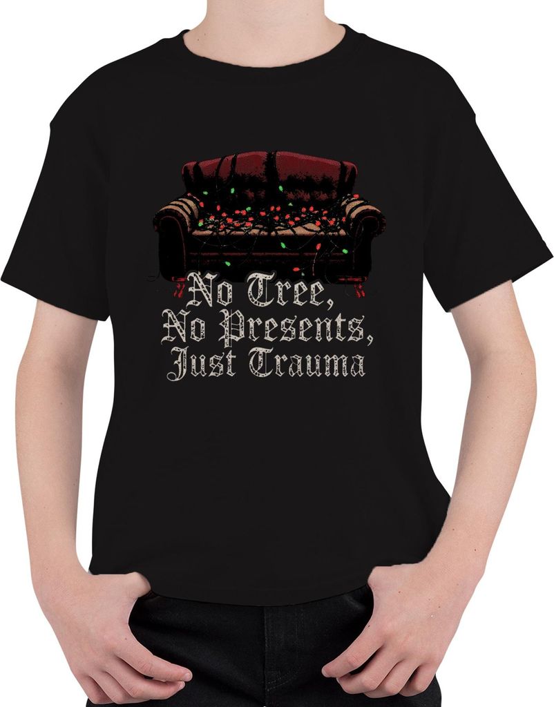 No Tree No Presents Just Trauma Weihnachten Sofa Lichterkette Uni Kinder T-Shirt, Schwarz, 152