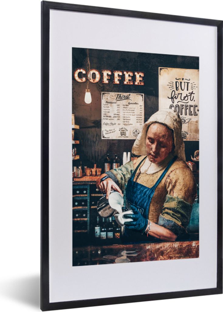 MuchoWow Gerahmtes Poster Kaffee - Milchmädchen - Barista - Vermeer - Kunst - Cappuccino - Aber der erste Kaffee 40x60 cm - Poster mit Schwarzem...