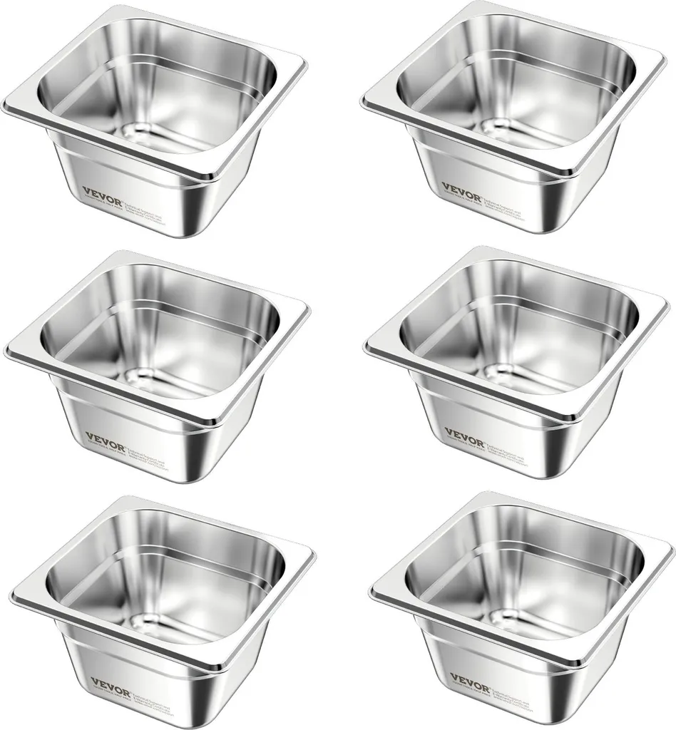 VEVOR Contenitori Gastronorm per hotel (formato 1/6) 6 pz. 1,7 L, contenitori riutilizzabili (profondità 10 cm), contenitori per catering in acciaio inox, ciotola per impanatura contenitori per cibo per buffet di feste e ristoranti
