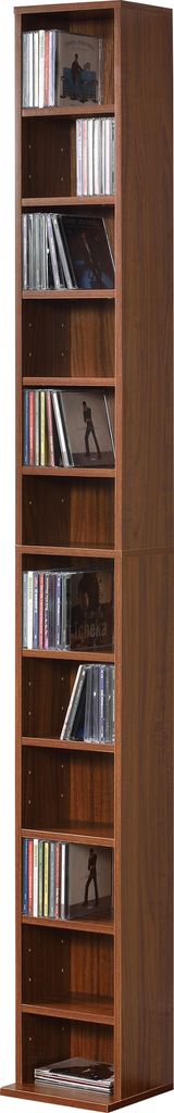 A tall, narrow CD shelf filled with CDs.