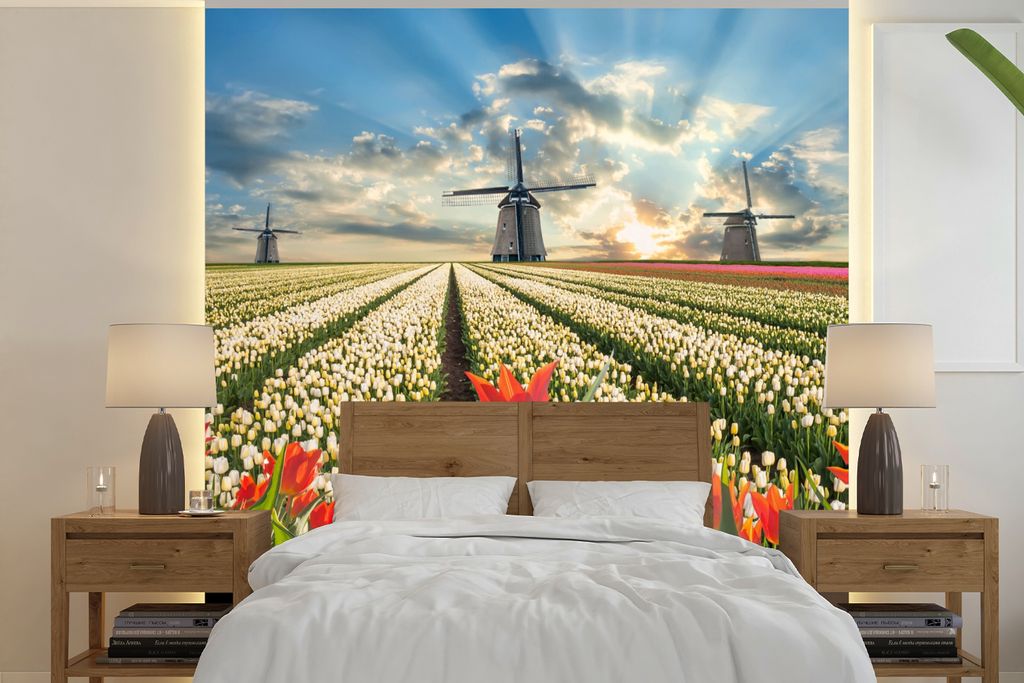 MuchoWow Fototapete für Wohnzimmer oder Schlafzimmer Wandtapete Vinyl Motivtapete Windmühle - Tulpen - Himmel - Natur - 260x260 cm - Papiertapeten