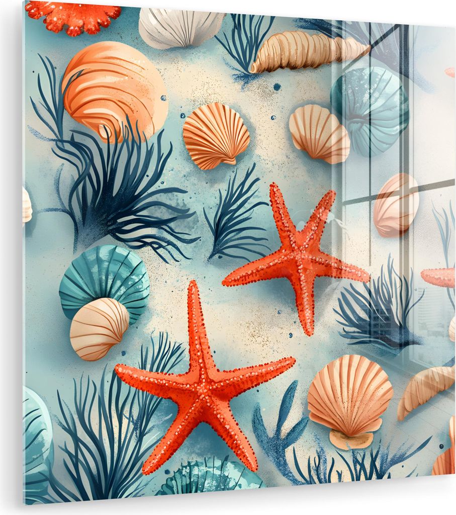 MuchoWow Glasbilder - Bilder auf Wandbild - Foto auf Glas Seesterne - Muscheln - Illustration - Sand 30x30 cm Wanddekoration aus Glas - Acrylglasbi...