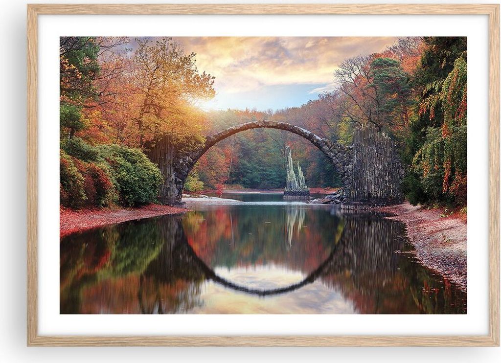 Gerahmtes Poster - Rahmen in heller Eiche - Garten Rhododendren Brücke - 70x50 cm - Wand Bild - Wanddeko - Wandbilder - Kunstposter - Wandposter -...