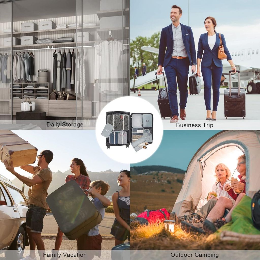 Koffer Organizer Set 9-teilig Packing Cubes und Kledingtaschen - Wasserdichte Reiseorganizer Verpackungsbeutel für Reisebedarf - Graue Koffer Orga...