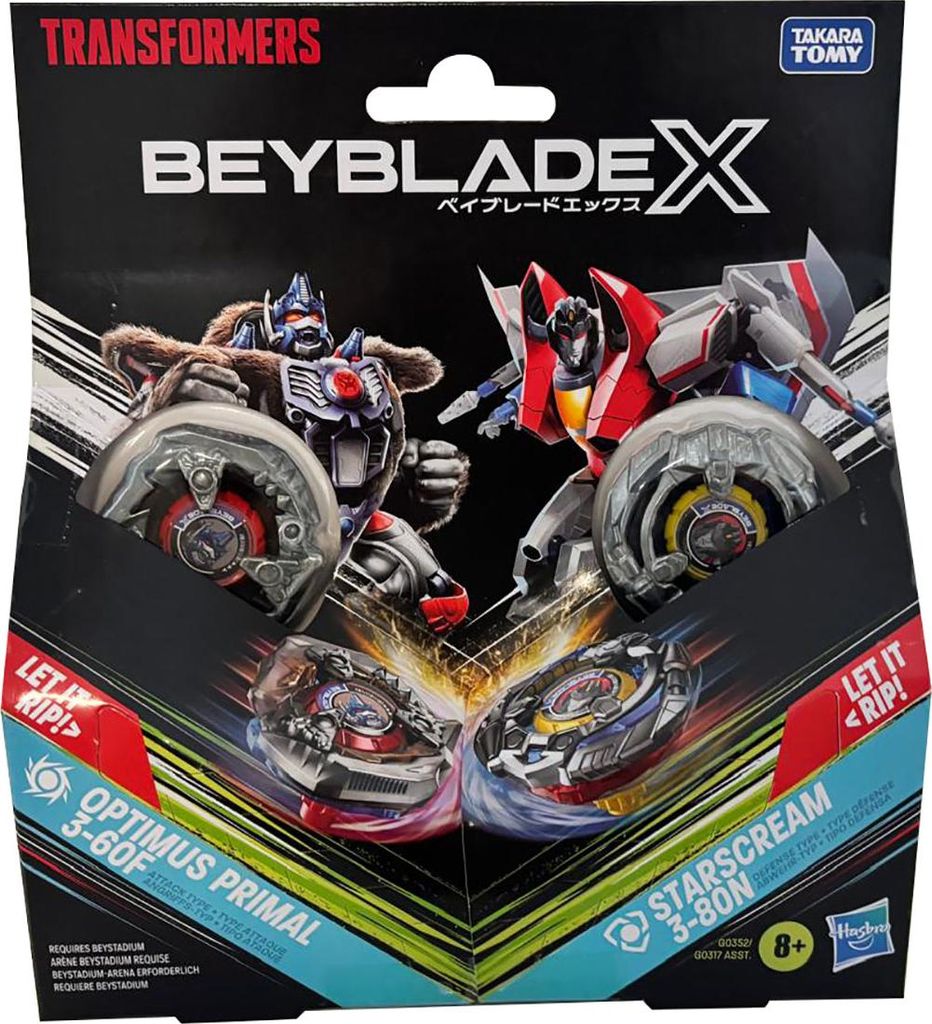 Beyblade X, Transformers Optimus Primal 3-60F & Starscream 3-80N, Kampfkreisel-Set mit 2 Launchern, Attack & Defense, Rechtsrotation, Takara Tomy /...