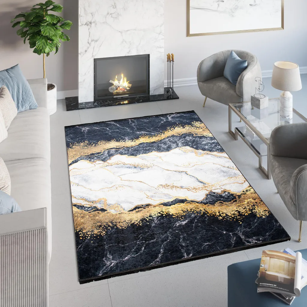 Tapis Certifié ÖKO-TEX Noir Doré 160x230 cm - Qualité Supérieure TOSCANA