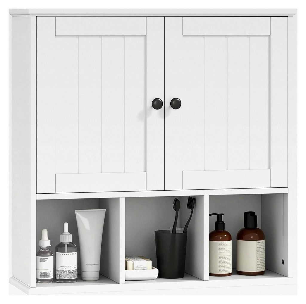 Wandschrank für das Badezimmer im Landhausstil, Wandmontierter Medizinschrank mit verstellbarem Regal, offenen Fächern und 2 Türen, Aufbewahrung...