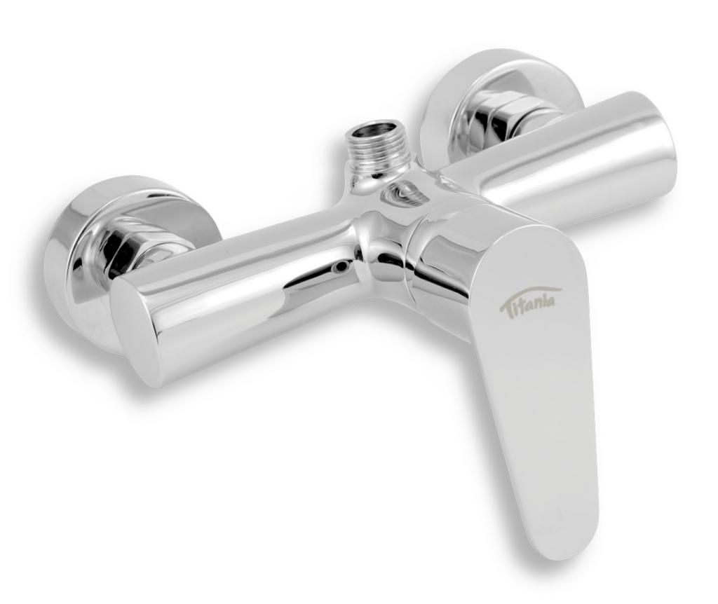 A chrome shower faucet with a lever handle, mounted on a white background.