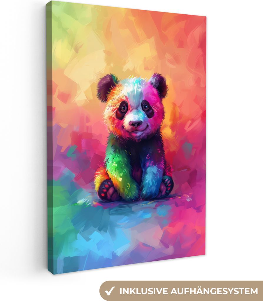 MuchoWow - Leinwandbilder - Panda - Tiere - Bunt - Neon, Wandbild, Wanddeko Bilder Wohnzimmer, 80x120 cm