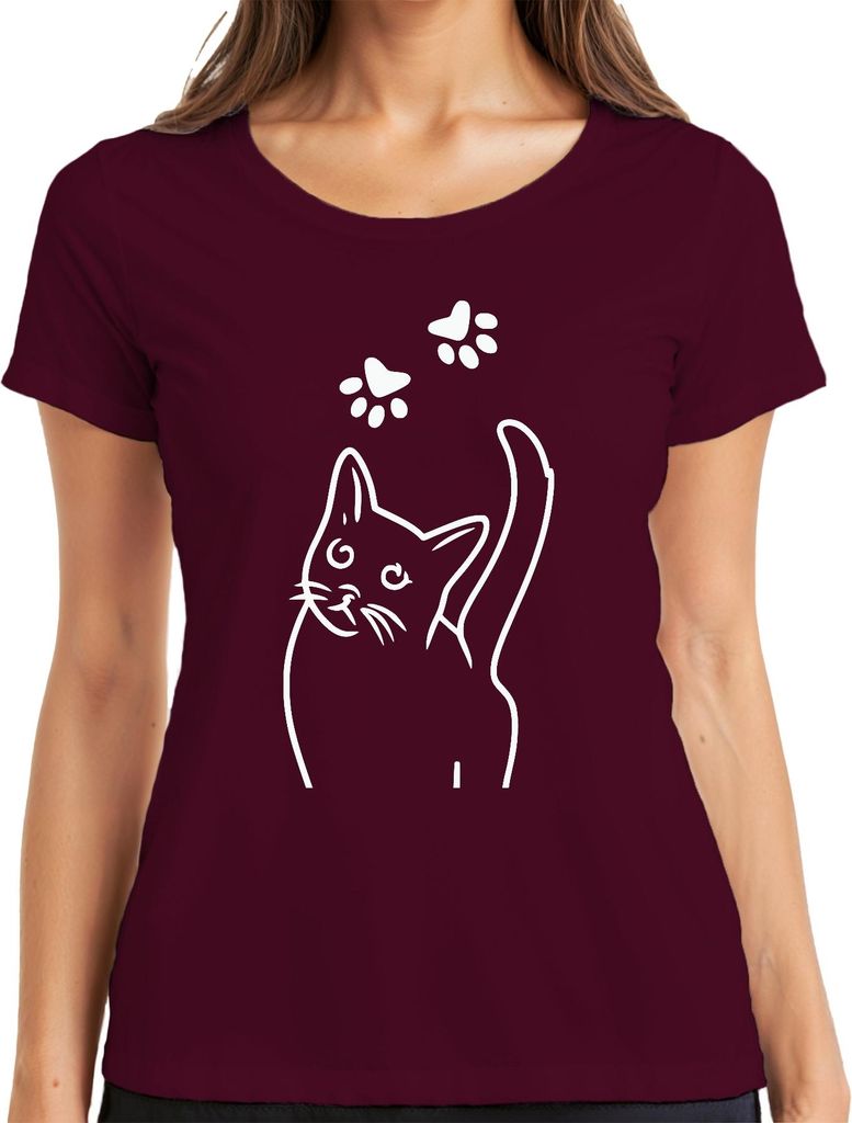 Katze Pfotenabdruck Katzenpfoten Katzenliebhaber Minimalistisch Damen T-Shirt, Burgundy, XL