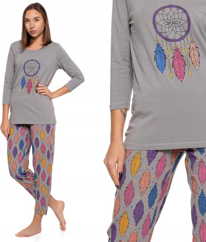 Damen 3/4 Ärmel Bunte Feder Pyjamas Bequeme Homewear MORAJ 3XL