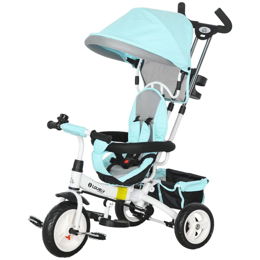 6-in-1 Kinderdreirad(Grün)mit Schiebestange, Dach, Gurt, Ablagekorb, für 1-5 Jahre
