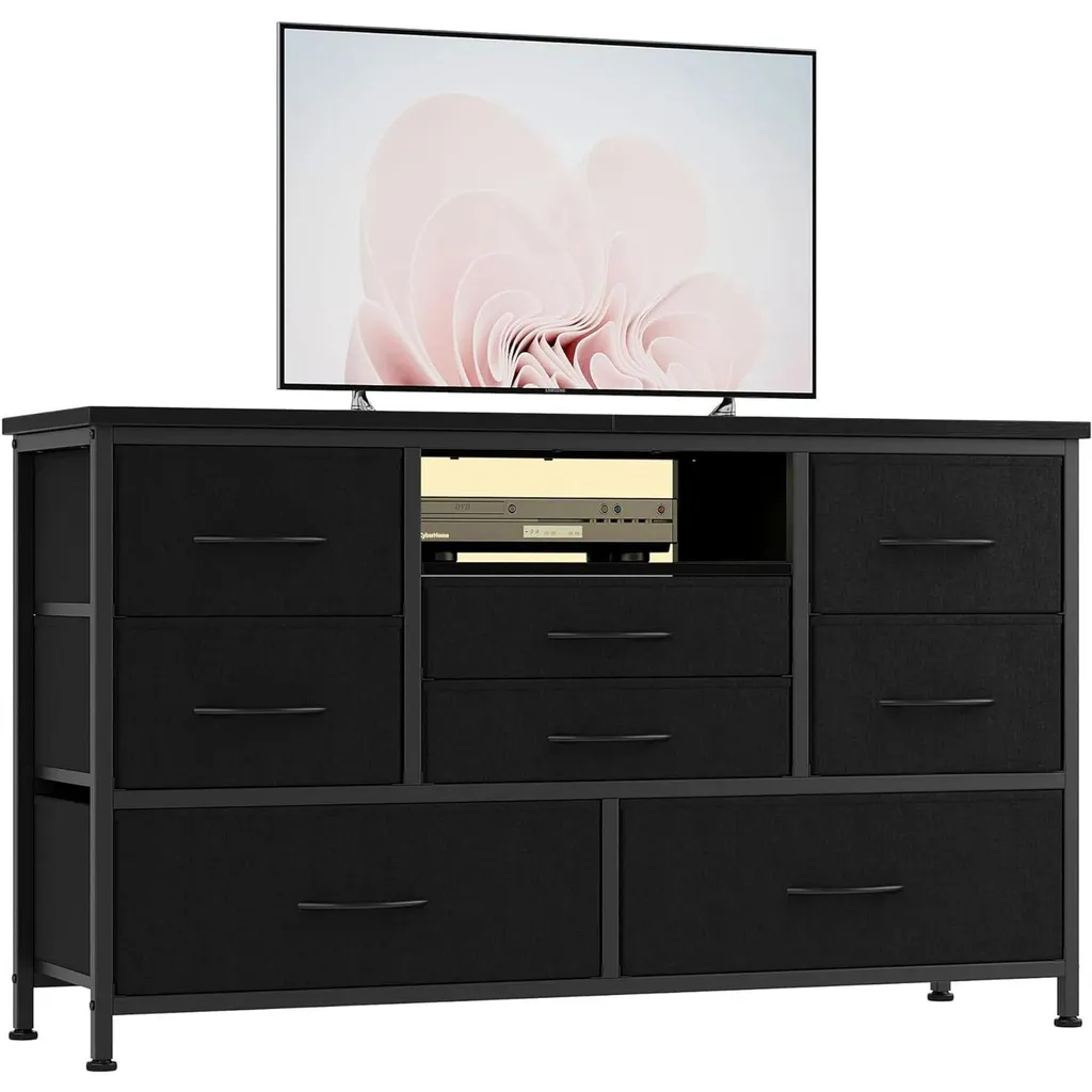 Meuble TV pour salon avec rangement 8 tiroirs et chargeur USB pour smartphone