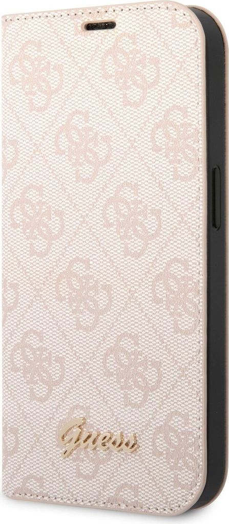 A close-up, side view of a pink phone case with a repeating Guess logo pattern and the Guess logo in gold at the bottom.