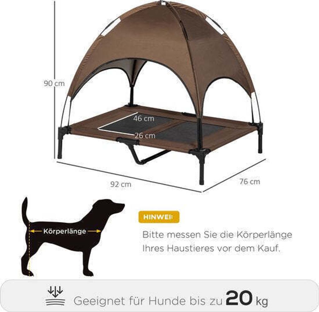 A diagram showing the dimensions of a dog bed with a canopy, along with a silhouette of a dog indicating how to measure its length and a weight limit.